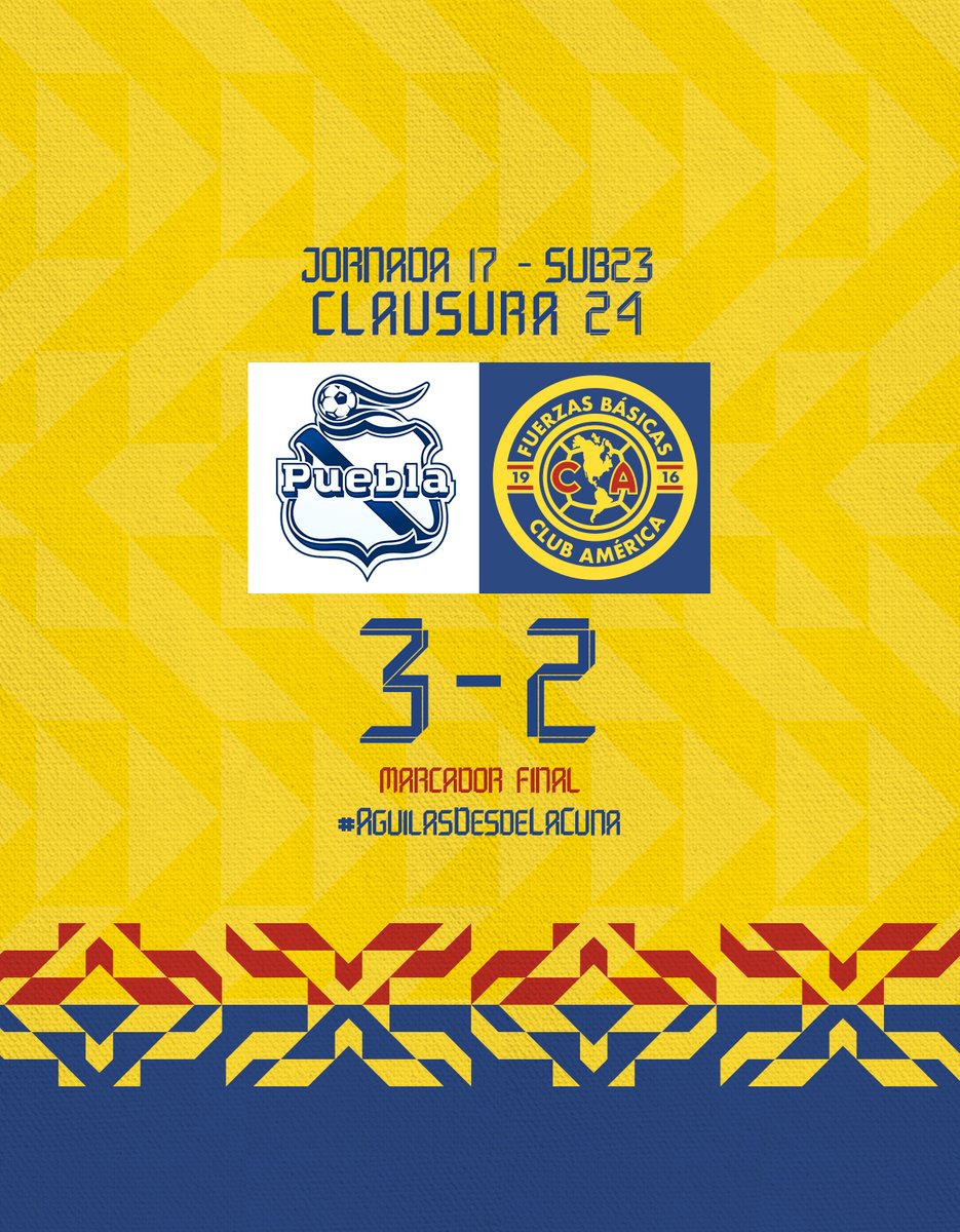 #Sub23 | 𝗠𝗮𝗿𝗰𝗮𝗱𝗼𝗿 𝗳𝗶𝗻𝗮𝗹   

Puebla 3-2 América    
#ÁguilasDesdeLaCuna 🦅
