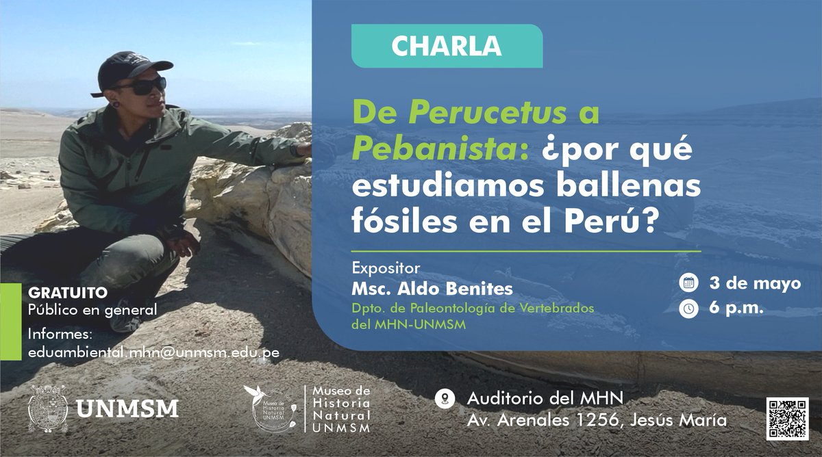📢🤓🐳Para quienes han seguido de cerca las investigaciones paleontológicas del Museo de Historia Natural de la UNMSM y para aquellos que quieran aprender un poco más de los cetáceos fósiles hallados en el Perú ⛏️🔍🐬 📅Viernes 3 de mayo ⏰6pm. 📌Auditorio del MHN-UNMSM