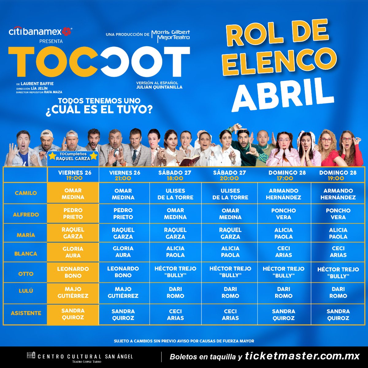 El elenco de @toctocobra ya está listo para ayudarte a superar tus manías con mucha diversión. ¿Tú ya estás listo para acompañarlos y volverte loco de risa? 🥳 26 de abr. ⏰ 7 y 9 p.m. 📆 27 de abr. ⏰ 6 y 8 p.m. 📆 28 de abr. ⏰ 5 y 7 p.m.  🎟️ bit.ly/BoletosTocToc