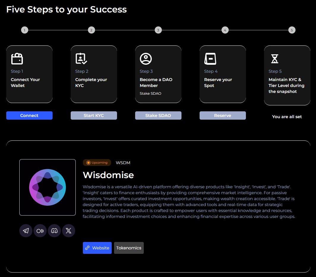 Launchpad Snapshot - Wisdomise $WSDM Be sure to secure your guaranteed @wisdomise launchpad allocation spots by reserving today! Snapshots will begin early next week! Dont miss out! singularitydao.ai/launchpad/wisd…