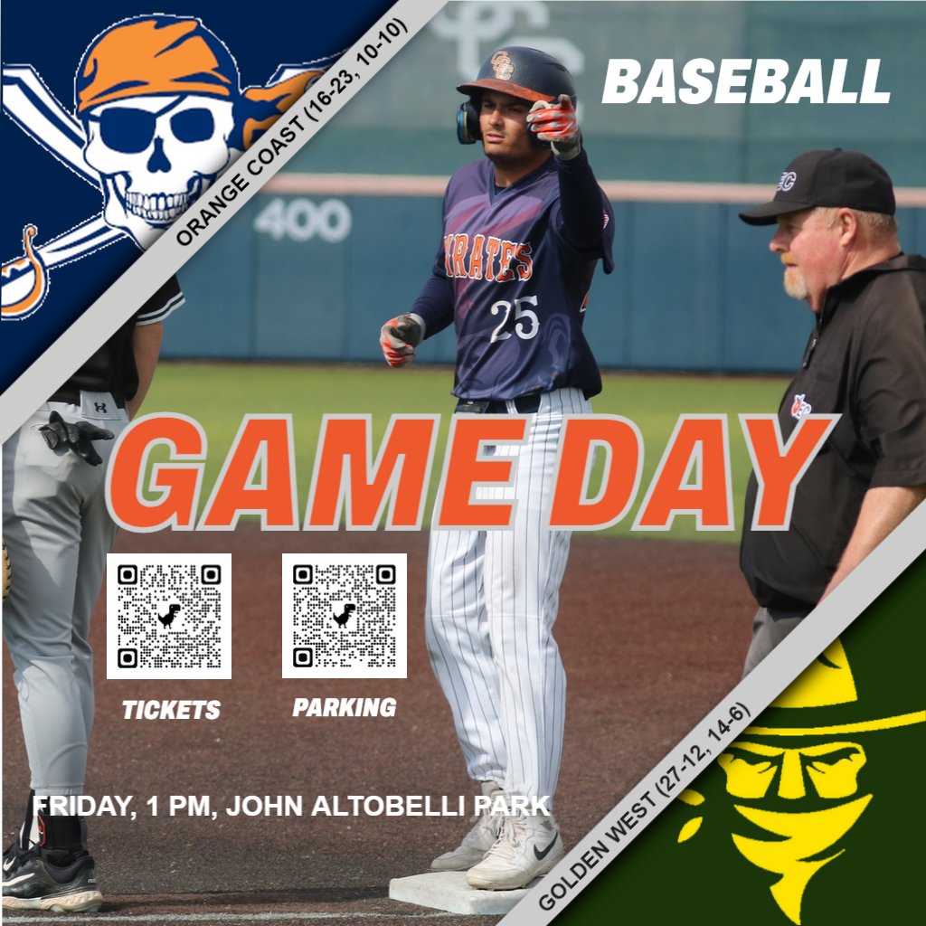 Regular-season finale for the OCC Baseball team as the Pirates host Golden West today at 1 p.m. at John Altobelli Park. Let's end the home stretch with a 'W' boys! GO PIRATES!! @orangecoast @occ_baseball