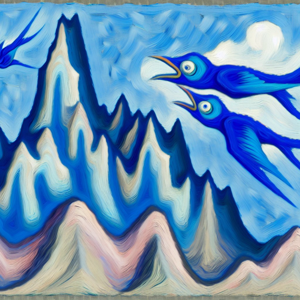 Bluebirds Over the Mountain [prompt: bluebirds over the mountain in the style of a surrealist painting]

#2020 by #TheBeachBoys