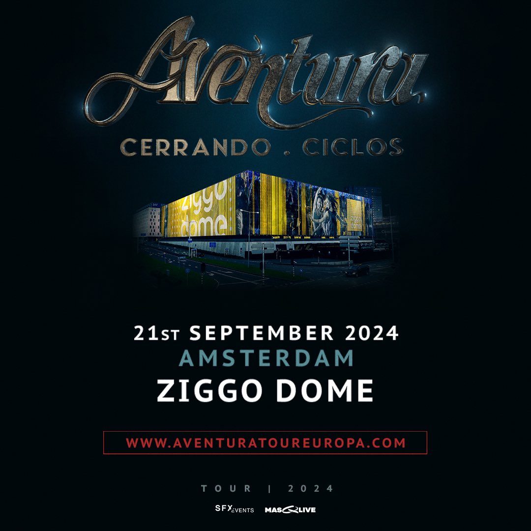 AVENTURA KOMT NAAR DE ZIGGO DOME 🔥 De legendarische Latin band staat op 21 september 2024 op ons podium als onderdeel van hun laatste tour ooit “Cerrando Ciclos” 💃🏽 Wie zien we daar? 👀 De kaartverkoop start 1 mei 2024 om 10:00 uur 🎫 Meer informatie 👉 bit.ly/ZD-Aventura