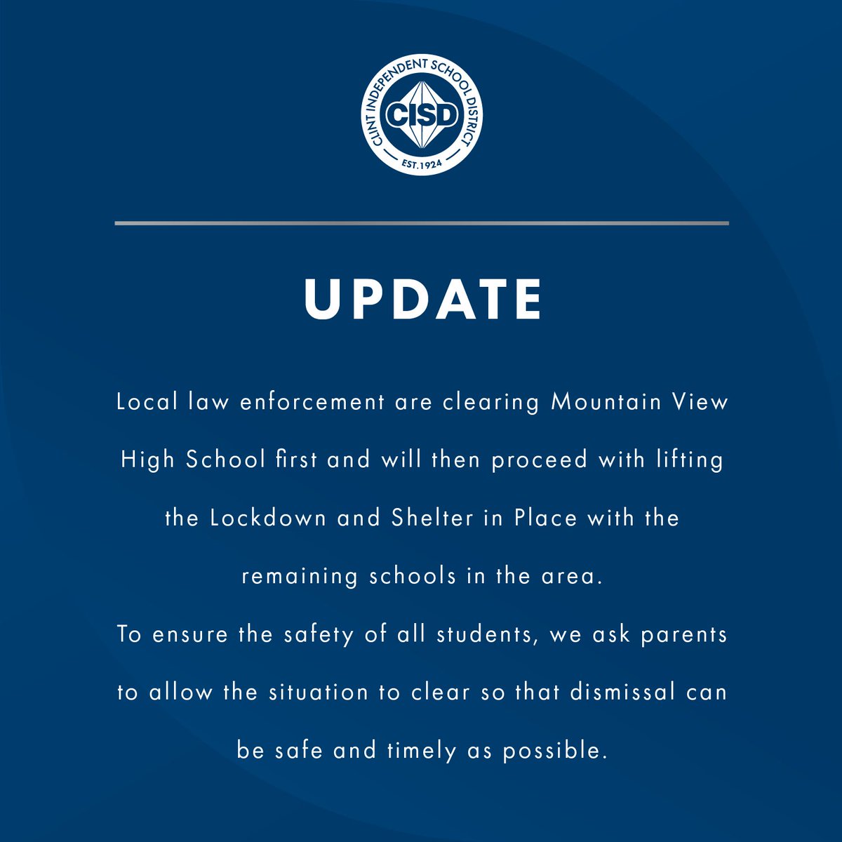 Law enforcement are clearing Mountain View HS first and will then proceed with lifting the Lockdown & Shelter in Place with other schools in the area. To ensure the safety, we ask parents to allow the situation to clear so that dismissal can be safe and timely as possible.