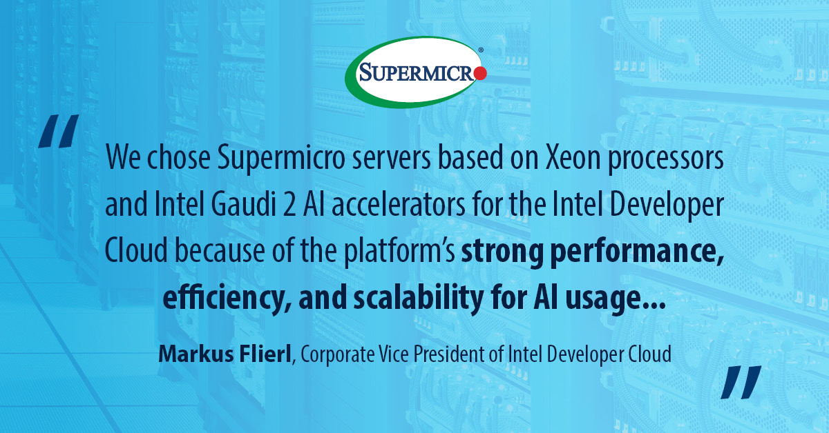 When designing the Intel Developer Cloud, Intel needed to employ server hardware that would allow for the most demanding AI applications to be executed. Intel selected Supermicro servers for high-performance, efficient, scalable AI applications. Read: hubs.la/Q02vbL1k0