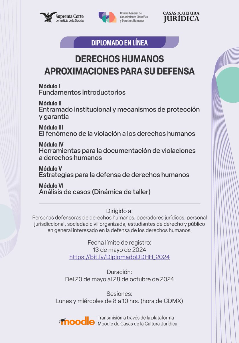 La @ddhh_scjn te invita a participar en el Diplomado en línea 🟣 #DDHH Aproximaciones para su Defensa 🚨 Tienes hasta el 13 de mayo para registrarte ✍️ bit.ly/DiplomadoDDHH_… Conoce el programa 👇🏽