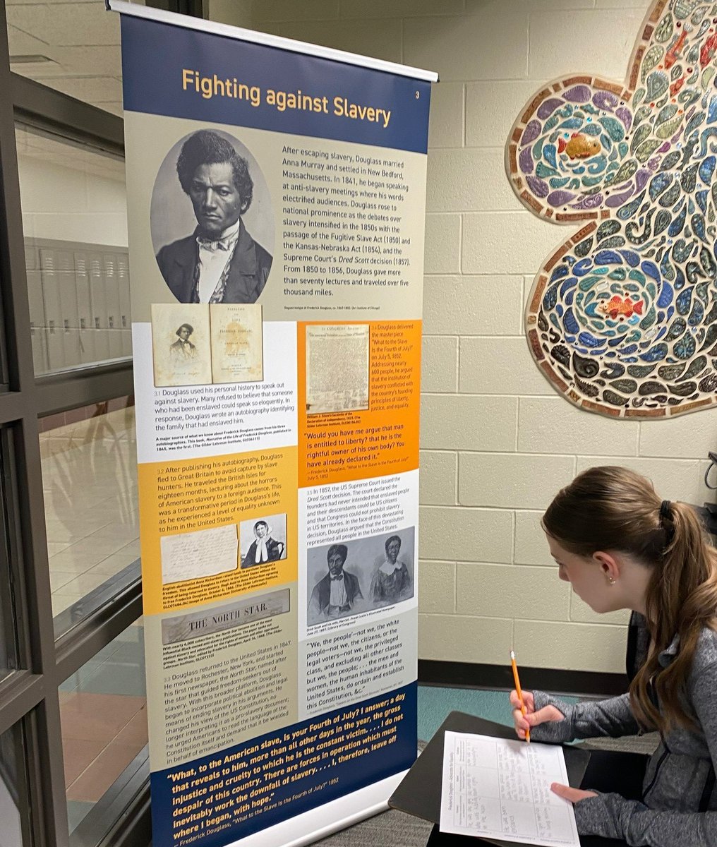 Today Ss had the opportunity to learn more about the legacy of Frederick Douglass by exploring the Traveling Frederick Douglass exhibit. Thank you @Gilder_Lehrman for providing this opportunity to learn and engage in history. #Togetheraswarriors