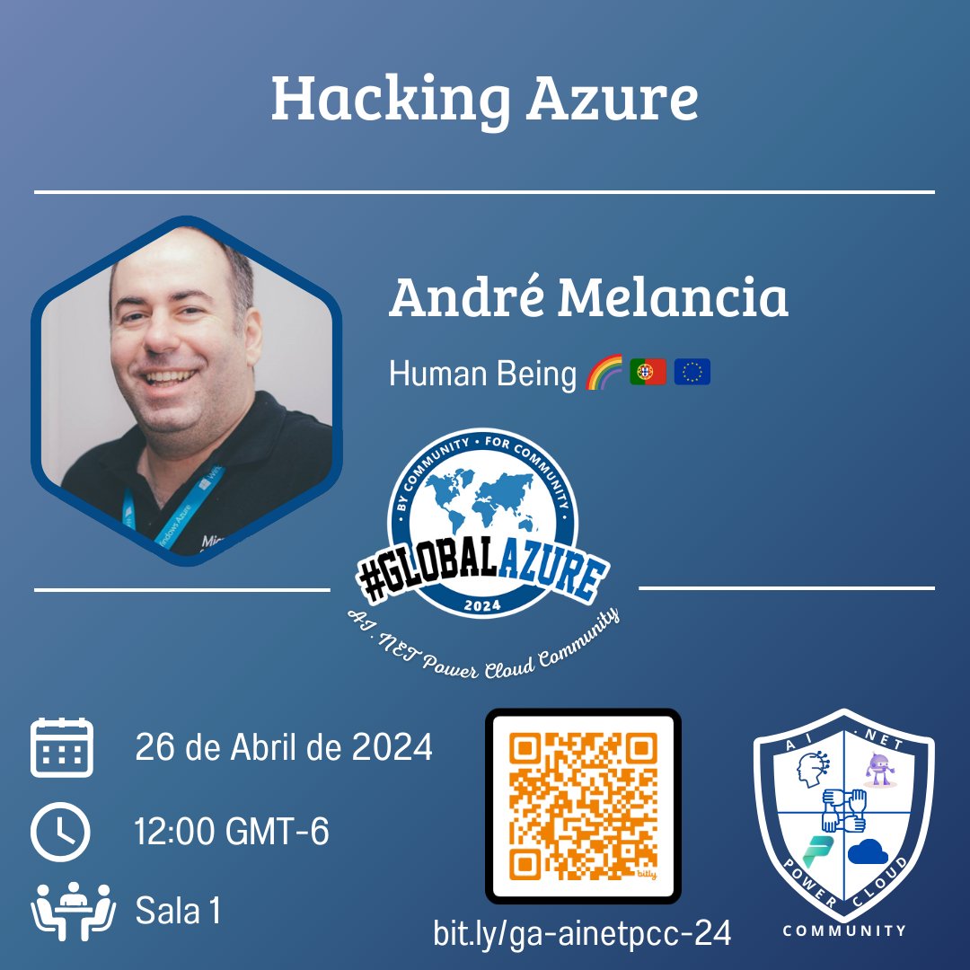 Next up, we have Hacking Azure with <a href="/AndyPT/">André Melancia 🇵🇹 🇪🇺 #StandWithUkraine 🇺🇦 🍉</a>.

Everything is hackable, so why not the cloud? If you're running environments in any cloud, what can you do to protect yourself against attacks?

Live streaming: 
youtube.com/watch?v=a4gI0U…