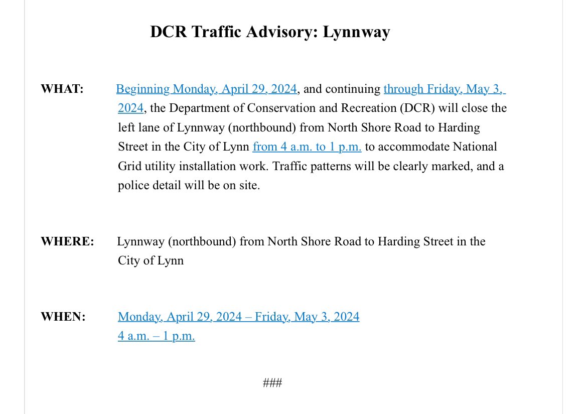 We have issued the following advisory for utility work along Lynnway: