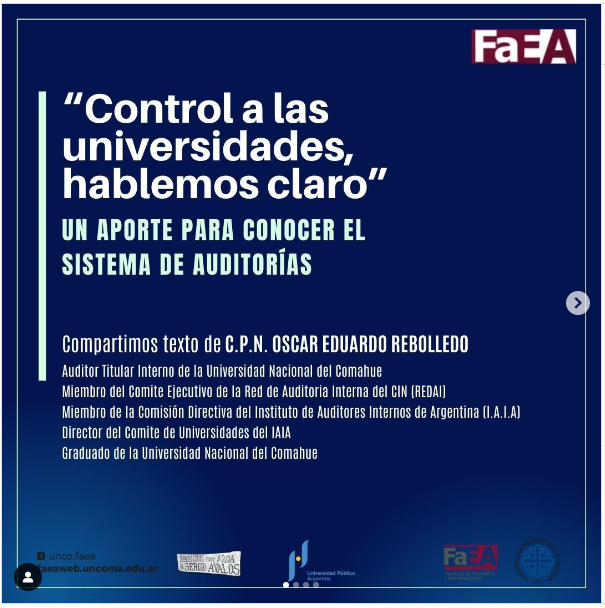 jorgeluisaliaga's tweet photo. Muy buen aporte del Auditor Interno de @UNComa_oficial sobre el tema AUDITORÍAS en las Universidades Nacionales. https://t.co/Lma1vQcNcm