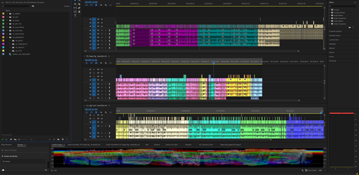 This is how a 22 minute television episode looks maybe 1/4 of the way through editing. Passed assembly cuts, onto Rough Cuts, then VO/graphics/music/sfx/clearances, then Fine Cuts, Color Grading, Picture Lock.