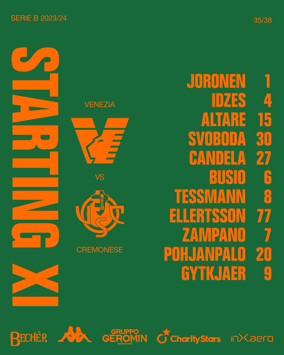 STARTING XI #VeneziaCremonese #SerieBKT #ArancioNeroVerde🟠⚫️🟢