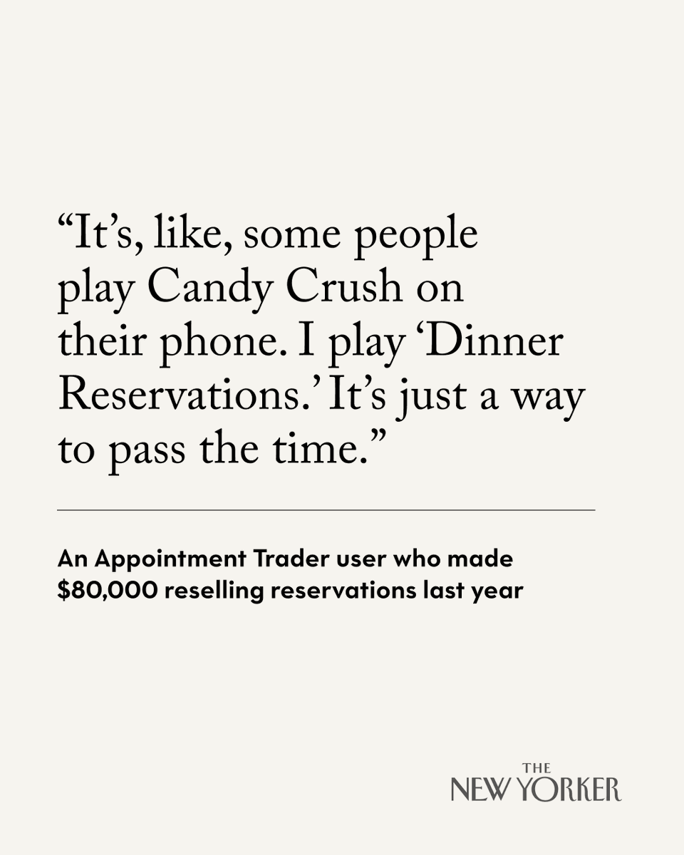 NewYorker's tweet photo. Everyone needs to eat somewhere, and in New York that place is often a restaurant. But getting a dinner reservation in the city is a challenge—thanks, in part, to bots, mercenaries, and table scalpers turning the restaurant reservation system inside out. https://t.co/FTqI3ODV6Q https://t.co/wLlUH93HRZ