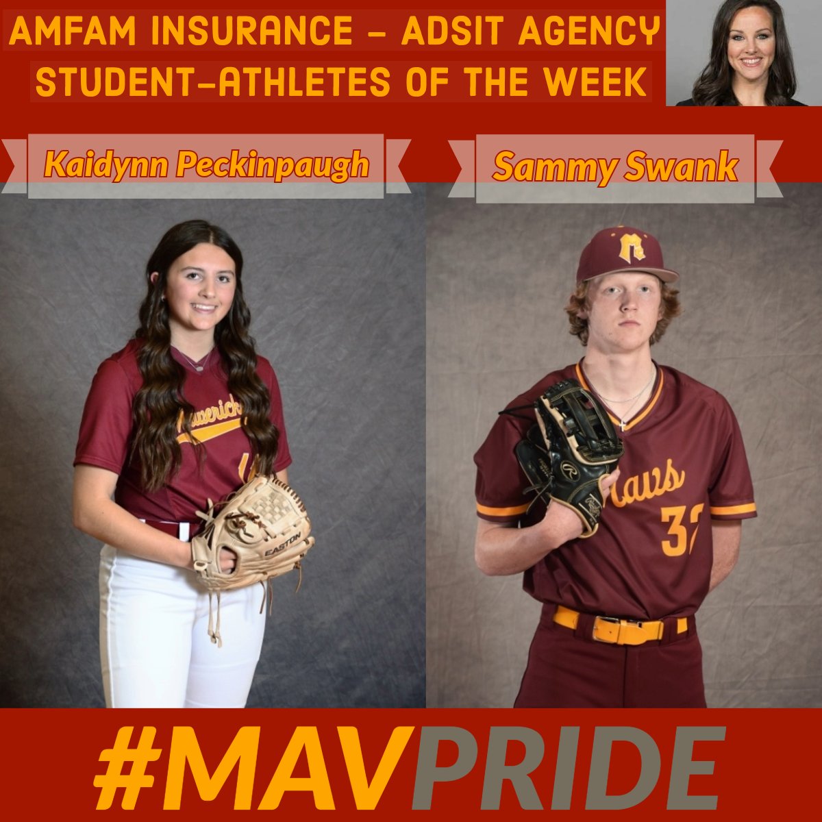 Congrats to our @amfam Adsit Agency SAOTW - Kaidynn Peckingpaugh & Sammy Swank 🤘〽️⚾️🥎 Click the link below to read more about their amazing accomplishments! 👇👇👇 mccutcheonathletics.com/Article/27052