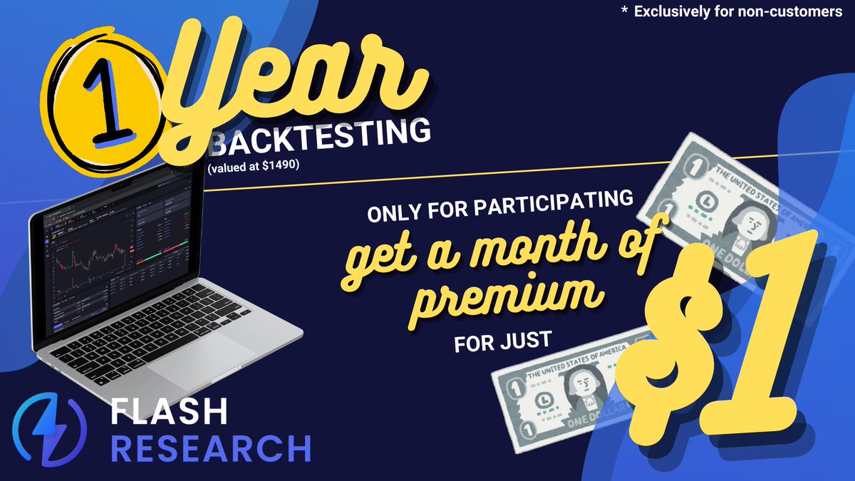 flash_research's tweet image. Retweet, Like and Follow to enter!
For the winner: Enjoy our full product, with backtesting tool, FREE for a year (valued at $1490)!
🔥ALL PARTICIPANTS GET A MONTH OF PREMIUM FOR JUST $1🔥(if you're not a client, shoot us a DM!)
We will announce the winner Friday 3rd of May.