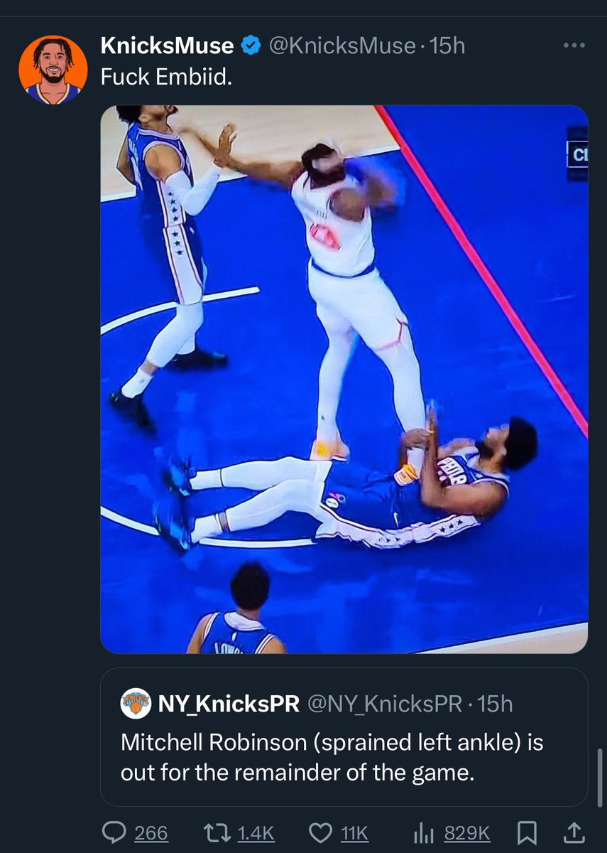 Wait until people realize that the ankle that fell on Joel Embiid is NOT the ankle that Mitchell Robinson hurt 🤯. It even says left ankle in the tweet the dude replied to 😂😂