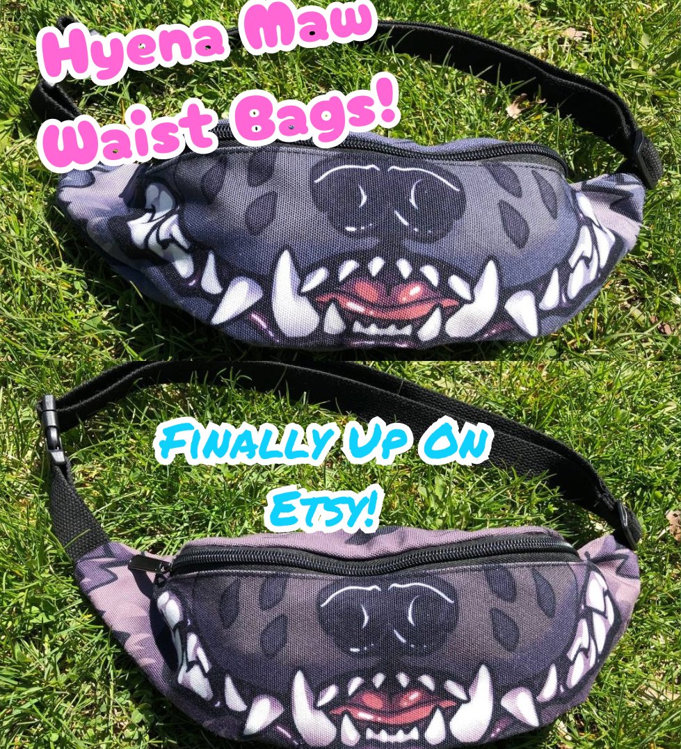 Hyena frens! I come to you with more furry themed goodies. I finally have put the Furnal Equinox remaining hyena maw waist bags/fanny packs up! Show off your hyena and maw love with these fun lil pouches. They'll fit up to 54' max so perfect as a toothy fursuit accessory 🦷