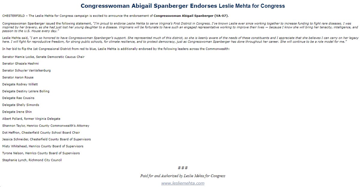 Congresswoman @SpanbergerForVA Endorses @lesliemehtava for Congress (VA01) bluevirginia.us/2024/04/friday…