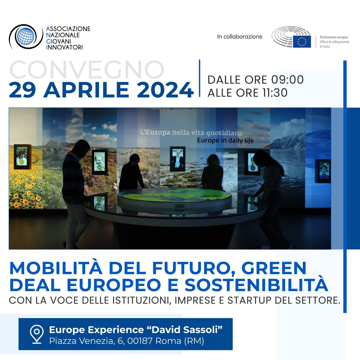 🌍 Al via lunedì 29 aprile, presso lo #EuropeExperience a Piazza Venezia, la conferenza su “#Mobilità del Futuro, #GreenDealEuropeo e #Sostenibilità: #istituzioni, #imprese e #startup a confronto”. Iniziativa promossa da ANGI in collaborazione con 🇮🇹🇪🇺 @Europarl_IT @CorazzaEP.