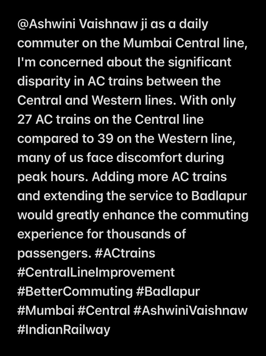 @AshwiniVaishnaw ji regarding the Central line's AC train disparity and the need for improvements @Central_Railway @Mibadlapurkar @PMOIndia @narendramodi @RailMinIndia #ACtrains #CentralLineImprovement #BetterCommuting #Badlapur #Mumbai #Central