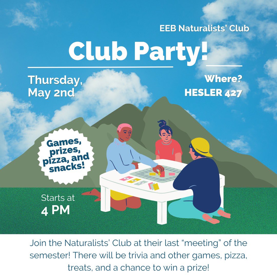 Is it a bird? Is it a plane? No, it’s the Naturalists’ Club’s final “meeting”! 

Play some games, eat some snacks, and grab your T-shirt (if you asked for one 😉). All are welcome! 

#ecology #evolutionarybiology #biology #club #clubevent #party #trivia #games #campuslife