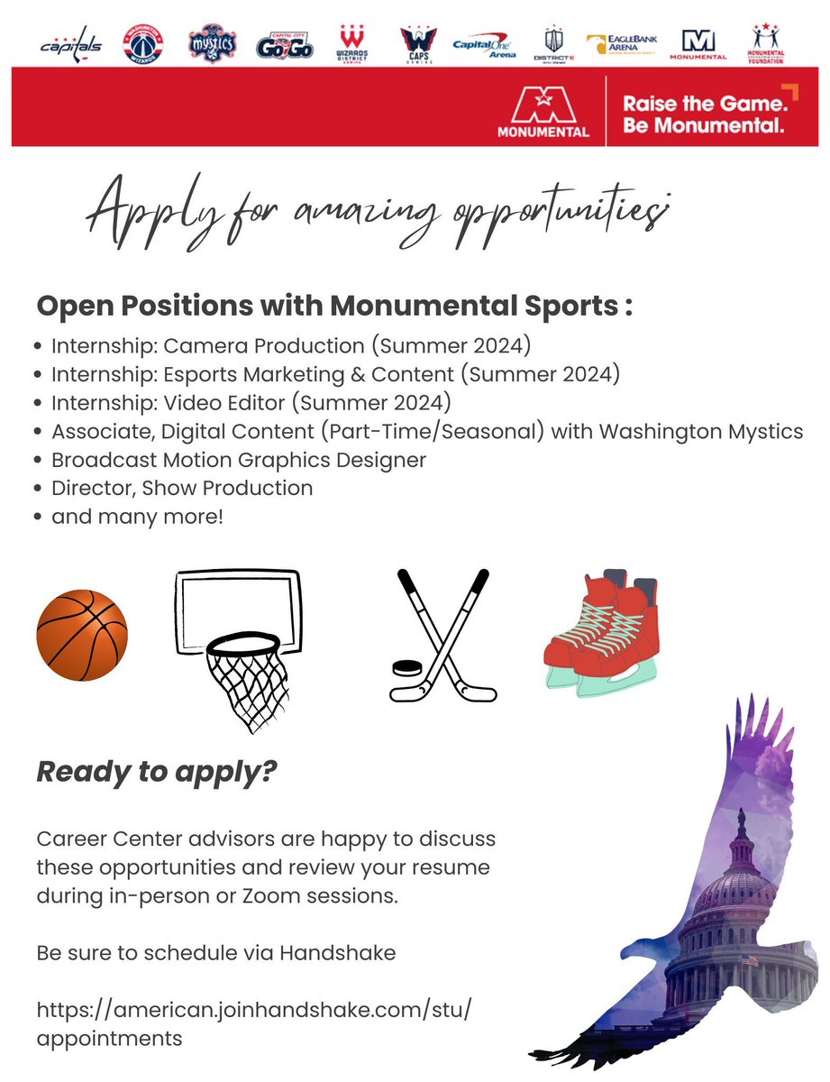 Hey @AU_SOC. Looking for a summer internship, seasonal or full-time opp with Monumental Sports and Entertainment? Ready to demonstrate your skills with various Washington, DC sports teams? Then be sure to apply bit.ly/49Z0dKF. @AUCareerCenter advisors are happy to help