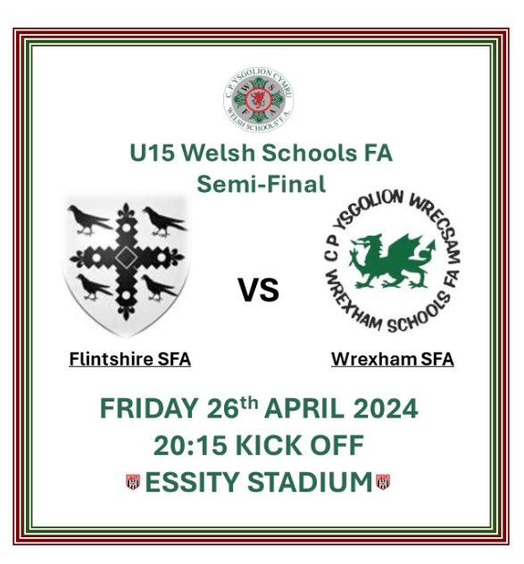 🟢⚫️ Semi Final Day ⚫️🟢 Good luck to our U15’s in their Semi Final v Wrexham tonight. There will be some real talent on show at the Essity Stadium in a action packed encounter. Good luck boys. #Flintshire @WSFA_InterAssoc Year 10 🆚 @WSB14s 🏟 Essity Stadium ⏰ 20:15