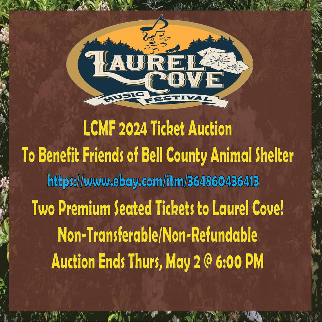 LaurelCoveFest's tweet photo. Auctioning two seated tickets to #LCMF2024 to benefit Friends of the Bell County Animal Shelter. Place your bid here: https://t.co/43NW5gbqFH https://t.co/vqTm3Qn0N0