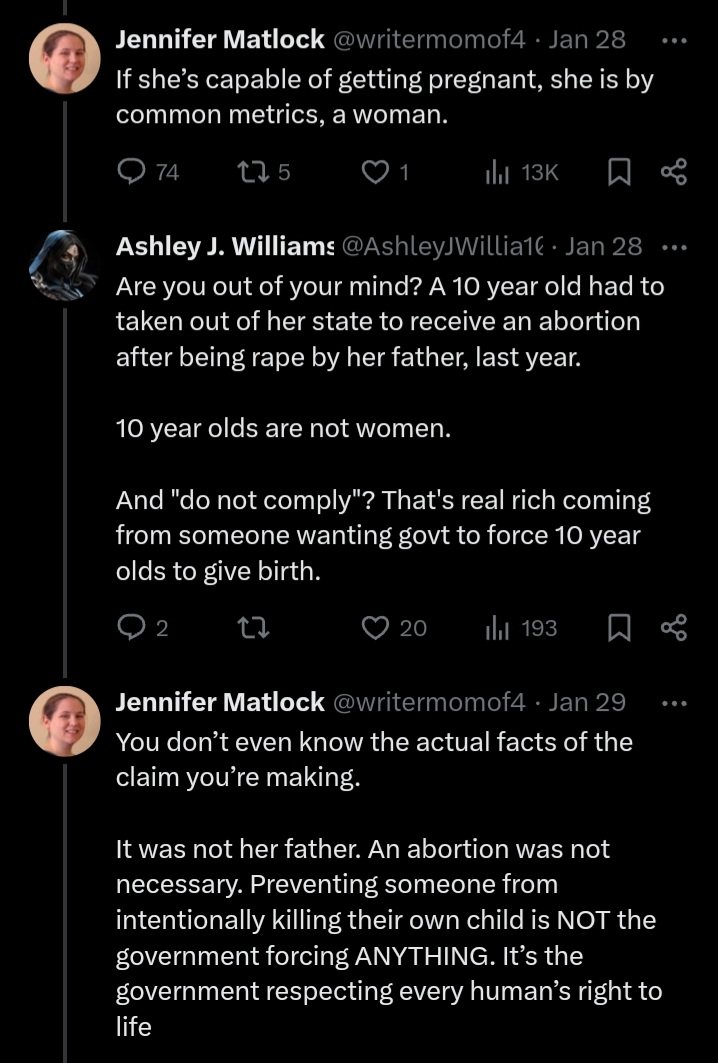 No. A 10 year old isn't a woman. A 10 year old is a child & forcing a child to go through pregnancy & child birth has nothing to do with 'respecting life' and everything to do with torturing a child in the name of the forced birth crusade. Compliments of @AshleyJWillia10