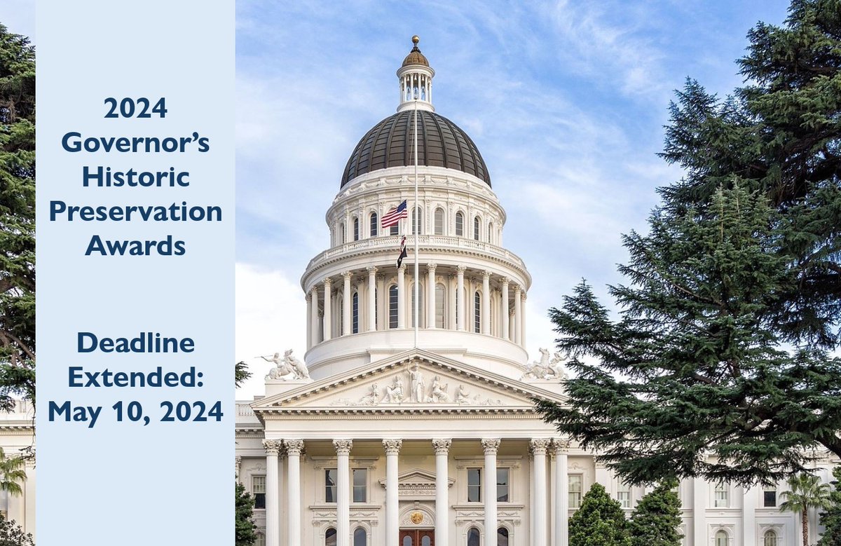 Deadline extended for the 2024 Governor’s Historic Preservation Awards! There is still time to nominate projects, individuals, and organizations for exemplary work in historic preservation. Nomination Deadline: May 10, 2024. ohp.parks.ca.gov/?page_id=24513