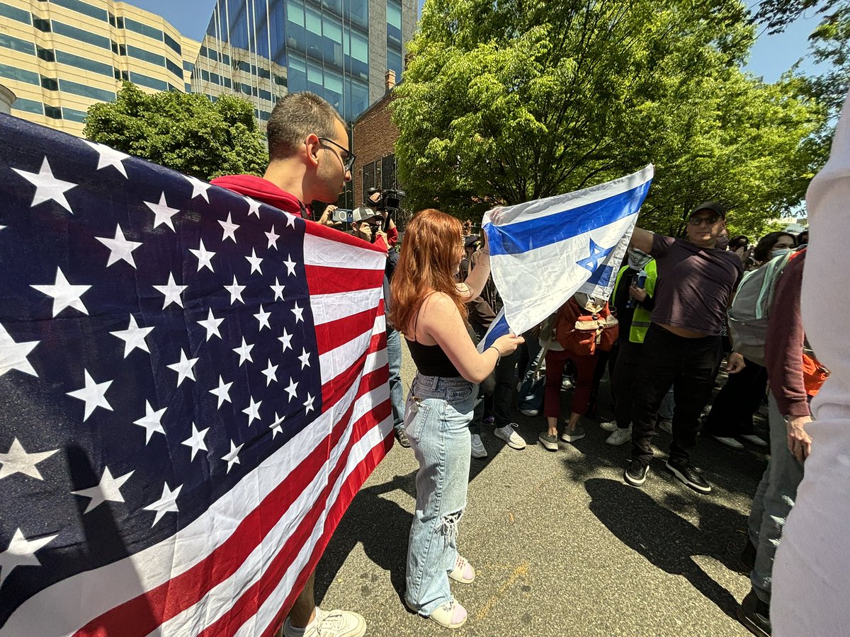 There are now a few GWU students who are counter-protesters who arrived outside the encampment. One anti-Israel protester shouted at them that they’re “disgusting.” @NEWSMAX