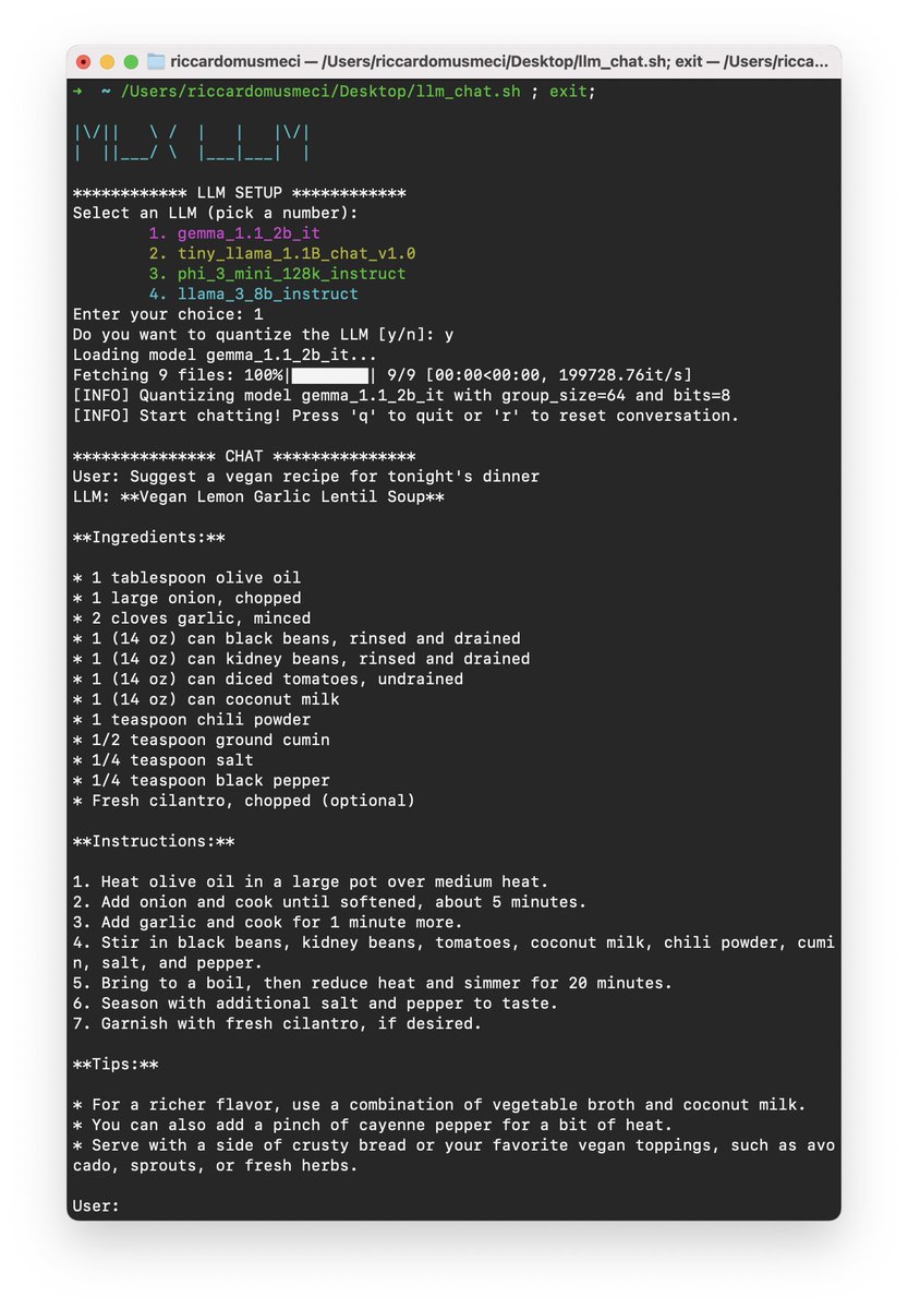 I now have an LLM running locally that I can chat with thanks to mlx and mlx-llm. It works smoothly and I can ask for stuff like the recipe for tonight's dinner UIs are nice but the command line is 🚀