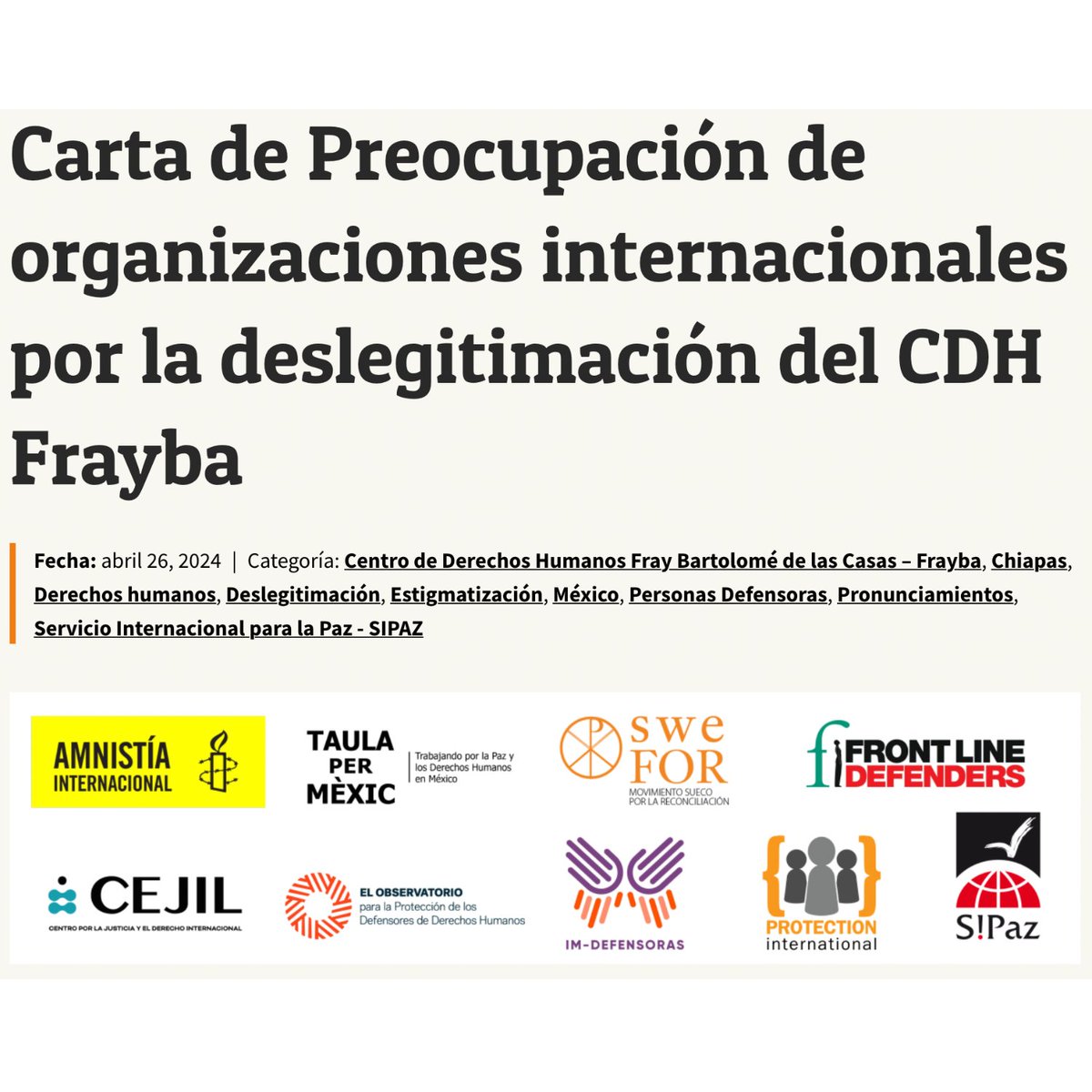 📢 Expresamos nuestra preocupación por los señalamientos, deslegitimación y estigmatización en contra del @CdhFrayba que restringen su espacio de acción para la defensa de los derechos humanos, exponiéndoles a graves riesgos en el desempeño de su labor📲 swefor.org/es/mexico/cart…