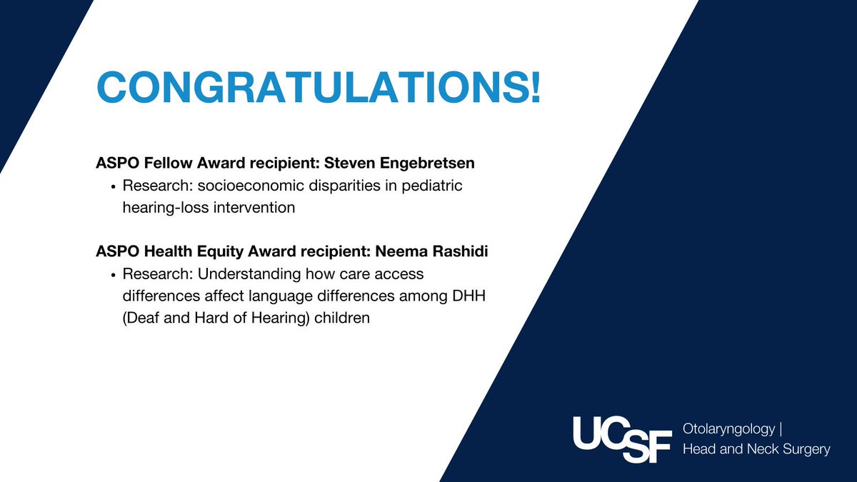 Steven Engebretsen & Neema Rashidi, @UCSF_OHNS trainees, have received significant recognition from @ASPrevOnc for their impactful research in pediatric hearing loss intervention & health equity for Deaf & Hard of Hearing children. They will be honored at @__COSM next month! 👏