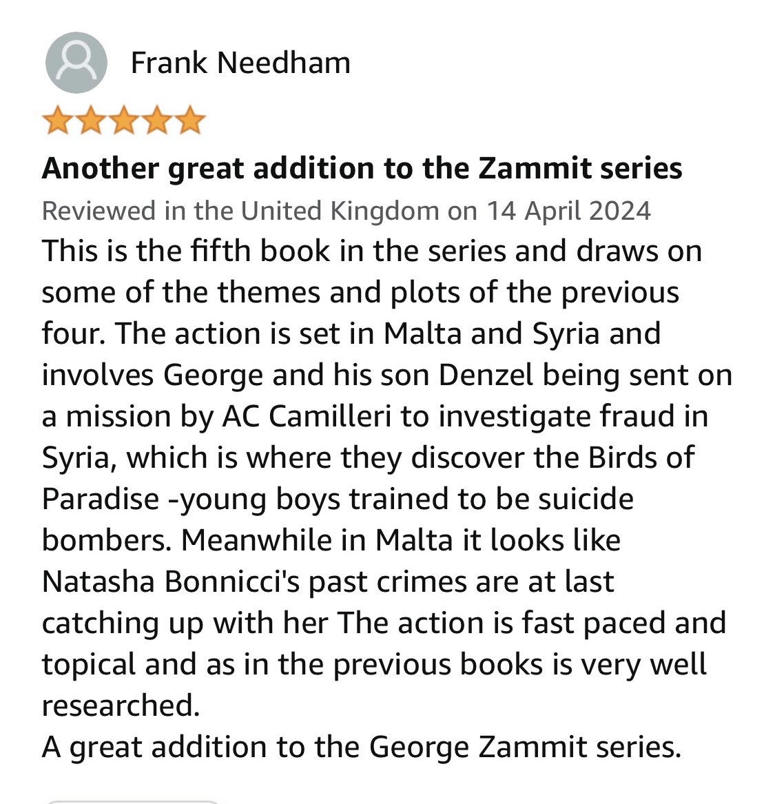 The lady in the flurry of #reviews for book 5 in the #inspectorgeorgezammit #crimeseries LAST BIRD OF PARADISE. It’s great to see #readers progressing through the series and enjoying each one!  Thanks to everyone who’s left a review. “Fast paced and topical” - happy with that!