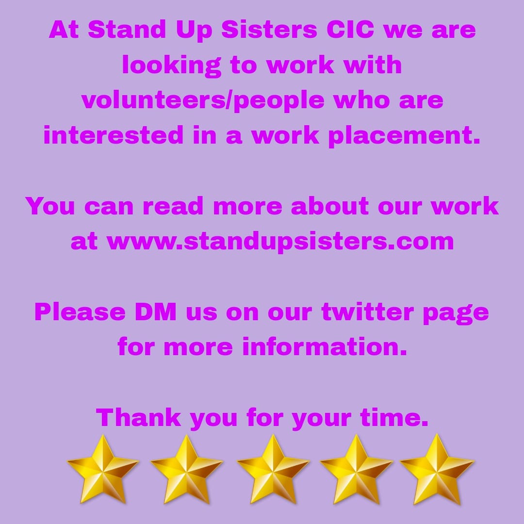 We are looking for volunteers at Stand Up Sisters CIC. #recoveryispossible #reclaimingnarrative #celebratinglivedexperience #livedexperience #ourlivedexperience #womensupportingwomen #peersupport #celebratingwomen #togetherwearestrong