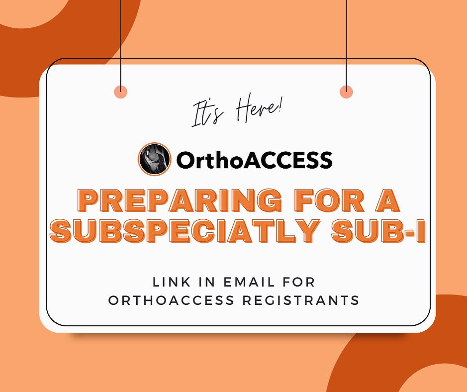 In partnership with residents, fellows, and attendings around the nation, we are thrilled to announce our new series geared toward helping you crush your sub-internships! Register for OrthoACCESS at bit.ly/orthoaccessinfo to receive the link!