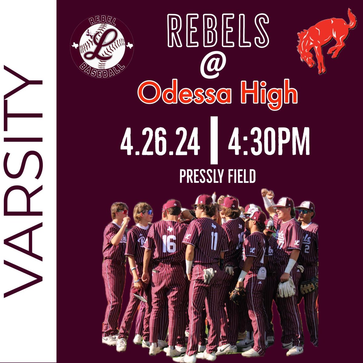 GAME DAY for Varsity Rebels as they continue their district series against OHS in Odessa! GAME 2 🆚: Odessa High Bronchos 🏟️: Pressly Field 🕟: 4:30pm GO REBELS!! #2024rebelbaseball