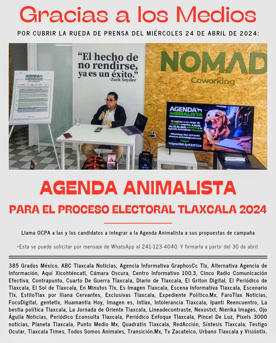 🙌🏻 El #OCPA agradece la cobertura informativa de 51 #MediosDeComunicación 📰 a la #RuedaDePrensa del 24/04/2024, al respecto de la 📖🐾 AGENDA ANIMALISTA PARA 📍 TLAXCALA.

👉🏻 Que tuvo la finalidad de invitar públicamente a las y los candidatos 🗳️ a que la integren a...

1/8