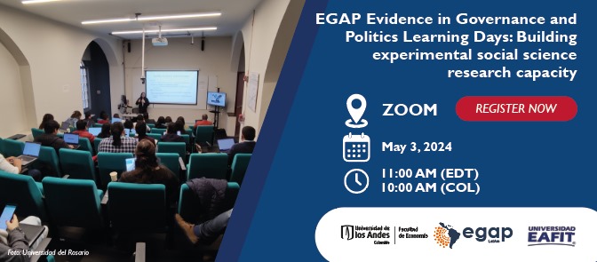 Acompáñanos el próximo viernes 3 de mayo 11:00 AM EDT para la sesión EGAP Días de Aprendizaje sobre cómo construir capacidad para investigación social experimental en el Mes de Aprendizaje y Evidencia de @USAID. La sesión será en inglés. Registrar aquí: tinyurl.com/5y8dvutz