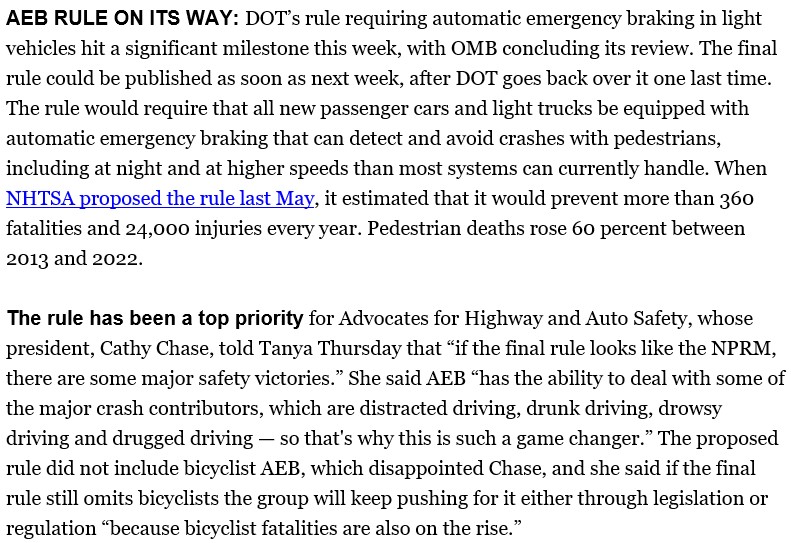 We are excited to see progress toward a final rule requiring automatic emergency braking (AEB) in light vehicles. Once implemented, this will be a game changer for safety on our roadways. Thank you, @TSnyderDC for covering this important issue for @politico today.