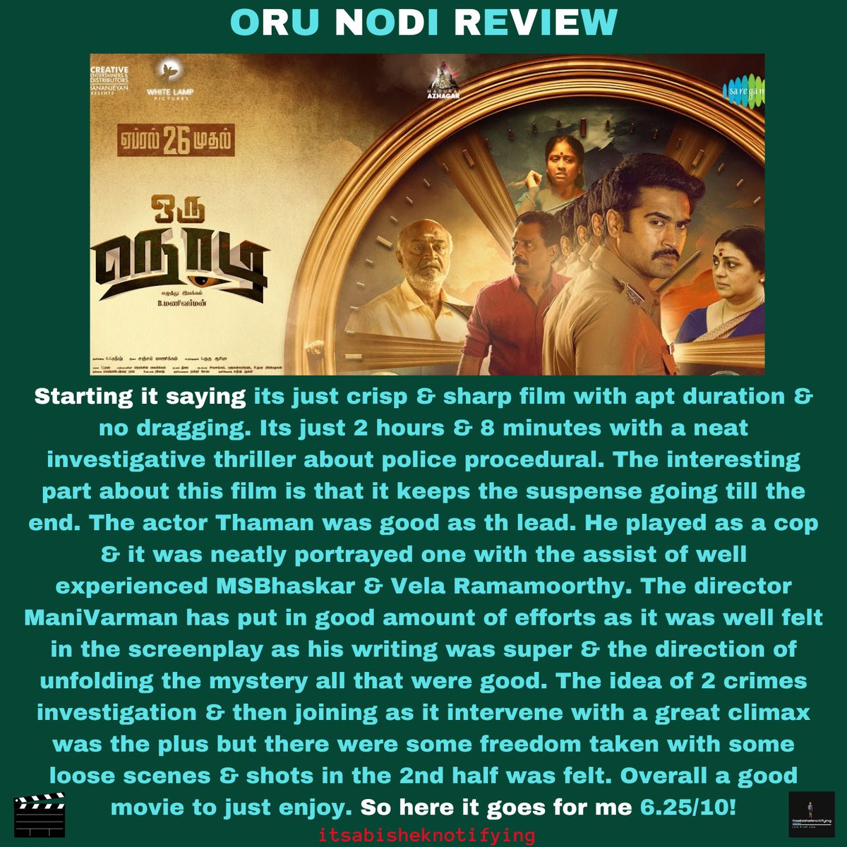 #OruNodiReview

#OruNodi was a crisp & sharp investigate thriller. @ManiVarman23 gave a neat well scripted police procedural drama with few advantages taken. #Thaman #MSBhaskar all played it neatly. A good film from a young team. Give a try.
It's 6.25/10!

#Kollywood #MovieReview