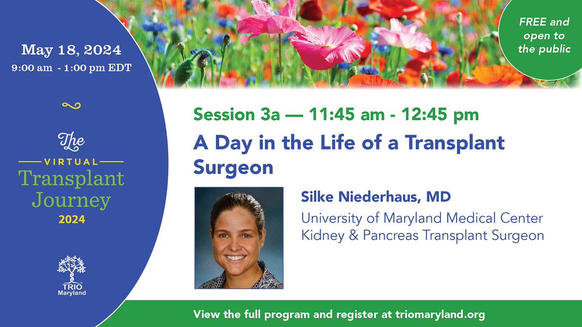 Ever wonder about a day in the life of a Transplant Surgeon? May 18th is @triomaryland's 2024 Virtual Transplant Journey. Be sure to check out Dr. Niederhaus, Associate Professor of Surgery @UMmedschool and Kidney and Pancreas Transplant Surgeon at UMMC, speaking at 11:45 a.m.
