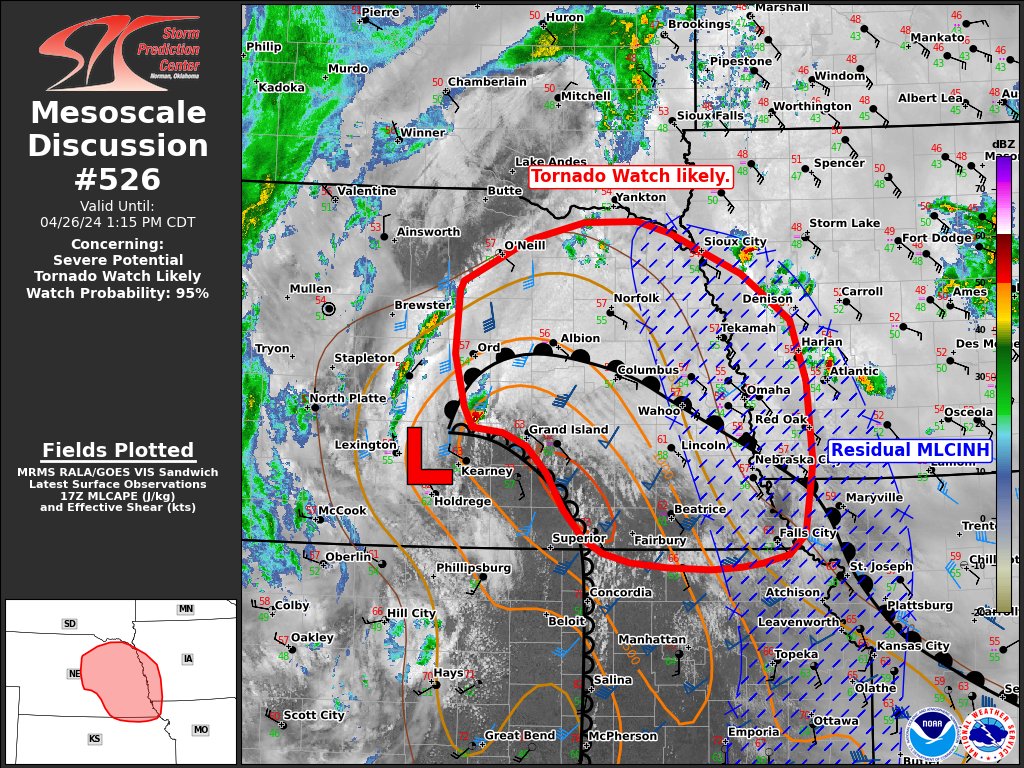 12:23pm CDT #SPC_MD 0526 , #iawx #mowx #newx #kswx #sdwx, spc.noaa.gov/products/md/md…