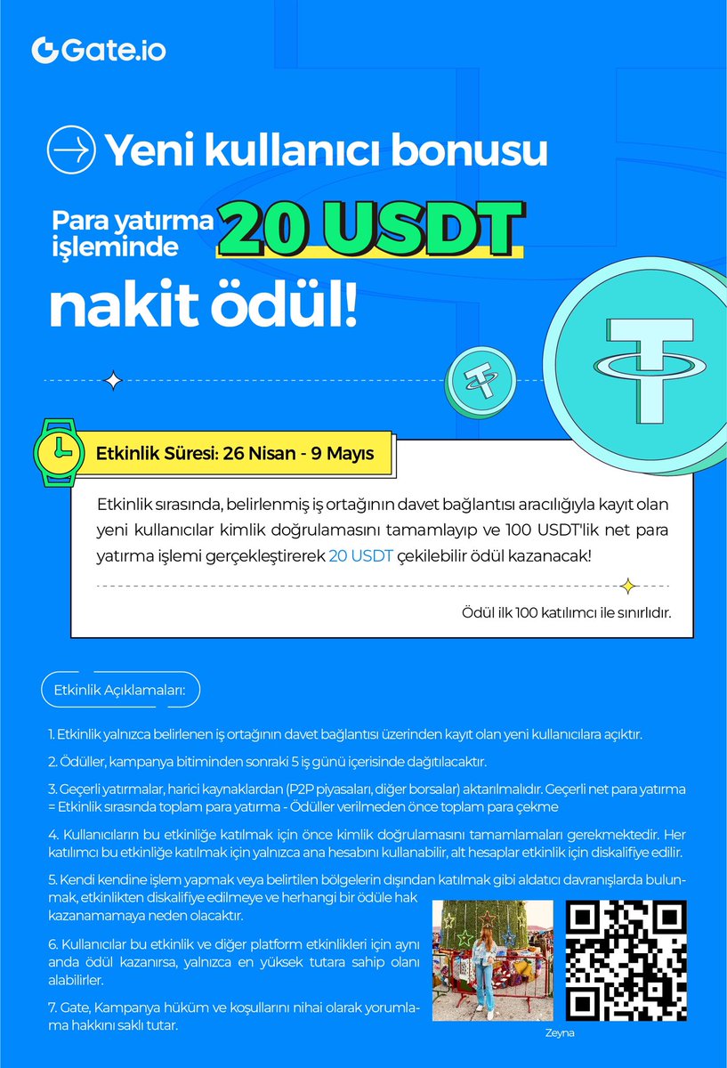 Zeyna x Gate özel etkinlik 🎁 Çekilebilir 20$ kazanmak için👇 ▶️Kayıt ol: gate.io/signup/AlhHXV5… ▶️KYC yap ▶️100$ yatır ve bekle Ödüller etkinlik bitiminden sonraki 5 iş günü içerisinde tanımlanır. Bu süreçte Telegram ve twitter üzerinden paylaştığım alım satım fırsatlarından