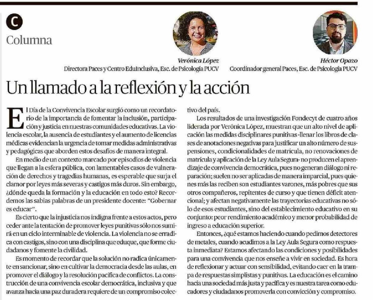 #ColumnadeOpinión “Día de la Convivencia Escolar: un llamado a la reflexión y acción”, por nuestra directora, Verónica López, y el coordinador general de <a href="/pacespucv/">Programa de Apoyo a la Convivencia Escolar PUCV</a> Héctor Opazo. 
Lee en <a href="/mercuriovalpo/">El Mercurio de Valparaíso</a> 

mercuriovalpo.cl/impresa/2024/0… 

 #ConvivenciaEscolar <a href="/pucv_cl/">PUCV</a> <a href="/PsicologiaPUCV/">Psicología PUCV</a>