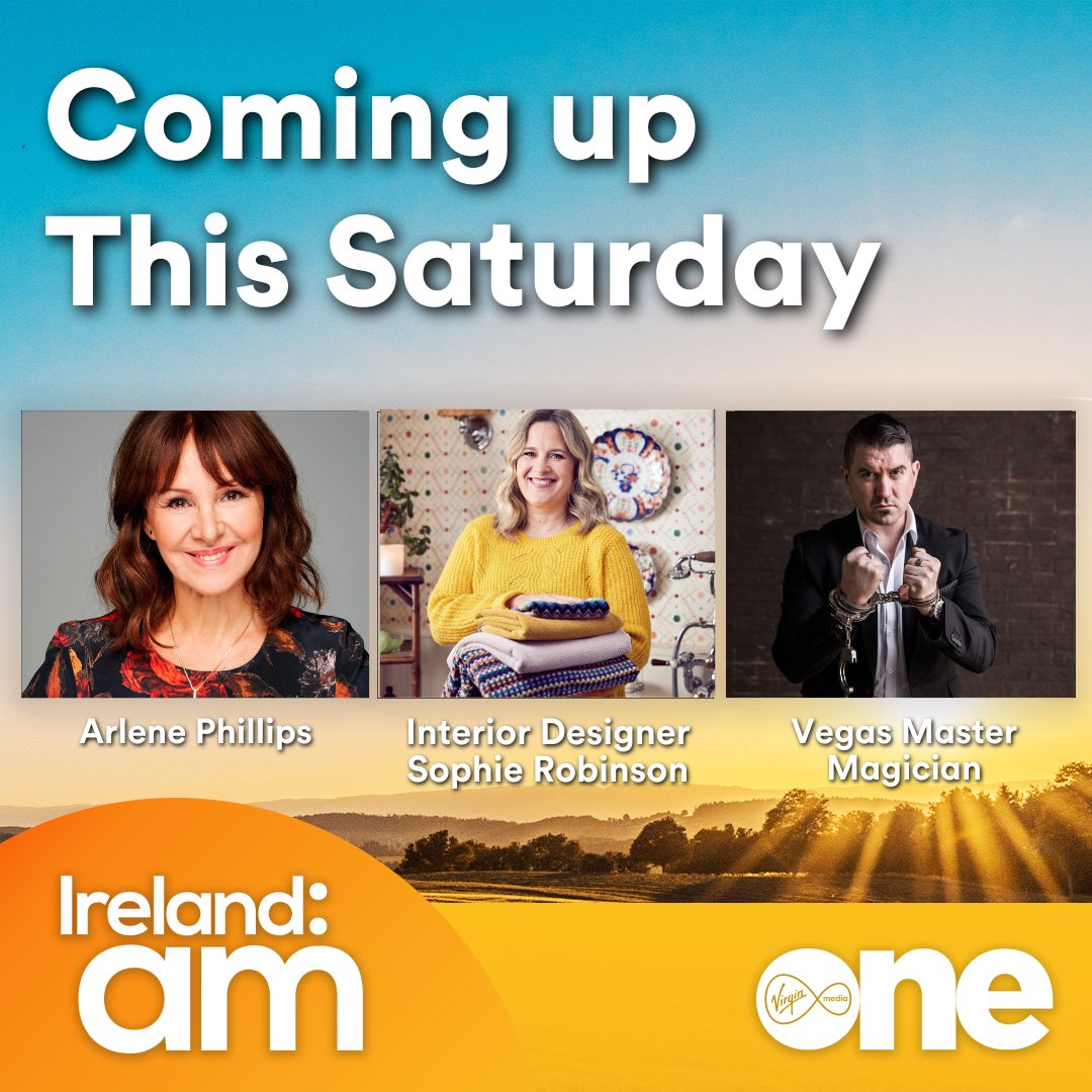 Coming up tomorrow… 💃 Celeb Choreographer Arlene Phillips 🕺 🏠 ‘Colour Queen’ Sophie Robinson 🛋️ 🪄 Vegas Magician Steve Spade ✨ All that and more tomorrow from 9 on Virgin Media One and the VM Player! #IrelandAM