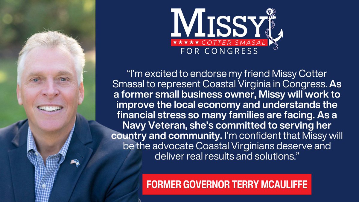 Thank you Governor @TerryMcAuliffe for your dedication to the Commonwealth. It's an honor to earn your endorsement of my campaign for Congress!