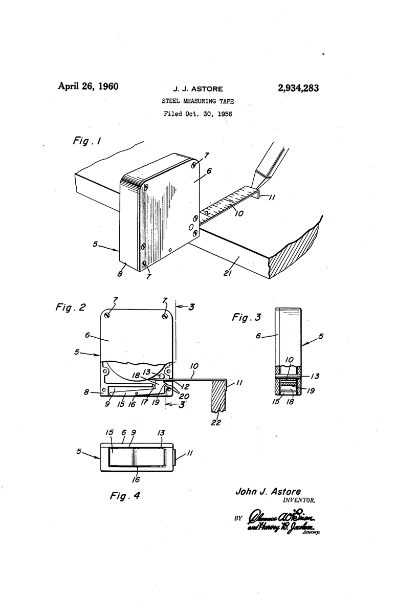 On this date in #innovation history: John Astore receives a #patent in 1960 for his #invention of a steel measuring tape that can be locked in place at a specific length, a now-ubiquitous feature in this key tool in all toolboxes #PatentsMatter @uspto @stanleytools @craftsman