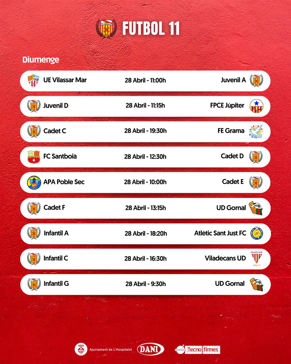 [AGENDA FUTBOL-11]

📌 El JA buscarà davant la <a href="/UEVilassardeMar/">U.E. Vilassar de Mar</a> (Dg 11h) donar un altre pas cap a l'ascens.
📌 El JB rep la <a href="/udsectorm/">Sector Montserratina</a>.
📌 El CA rep el <a href="/EFGava/">Escola Futbol Gavà</a> (Ds 18h), rival directe per la permanència.
📌 L'IA rep l'<a href="/AtleticSantJust/">Atlètic Sant Just FC</a> (Dg 18.20h), també en un duel directe.